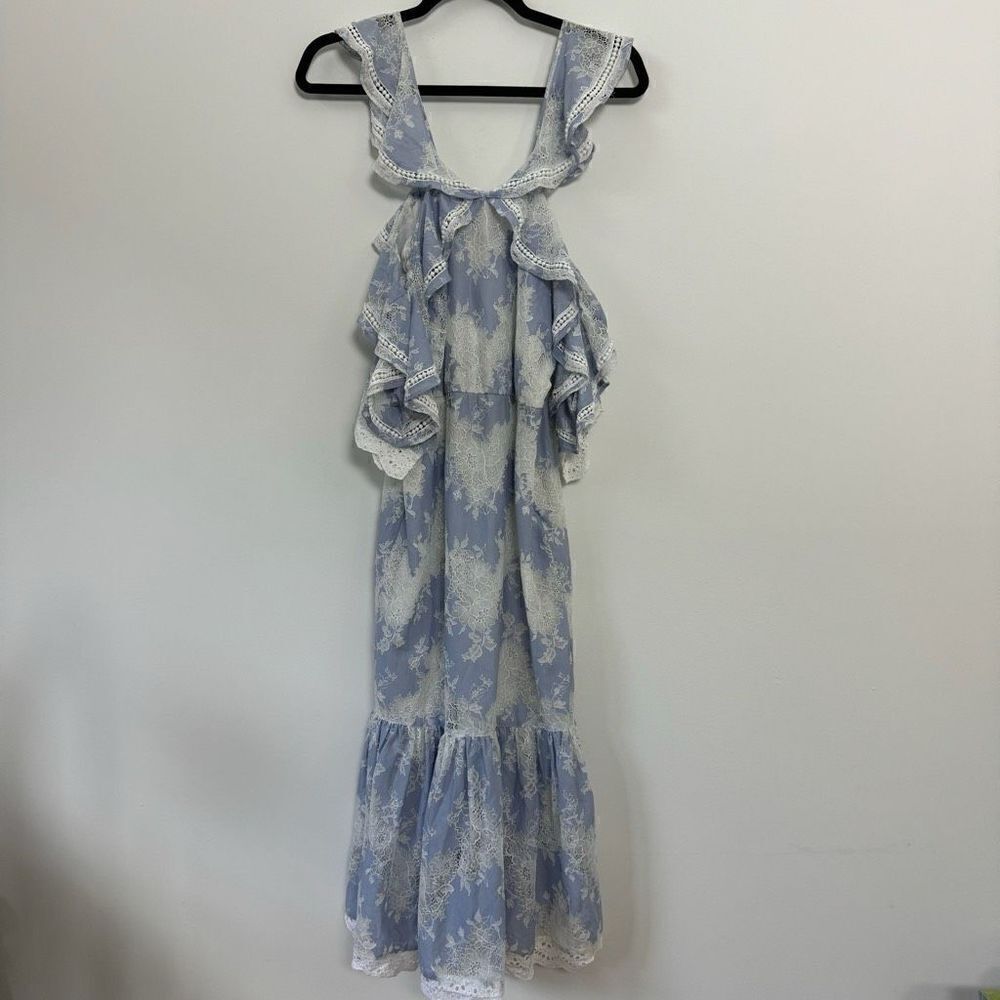 Marissa Webb Women's Kendra Lace Ruffed Floral Blue White Midi Dress XS
